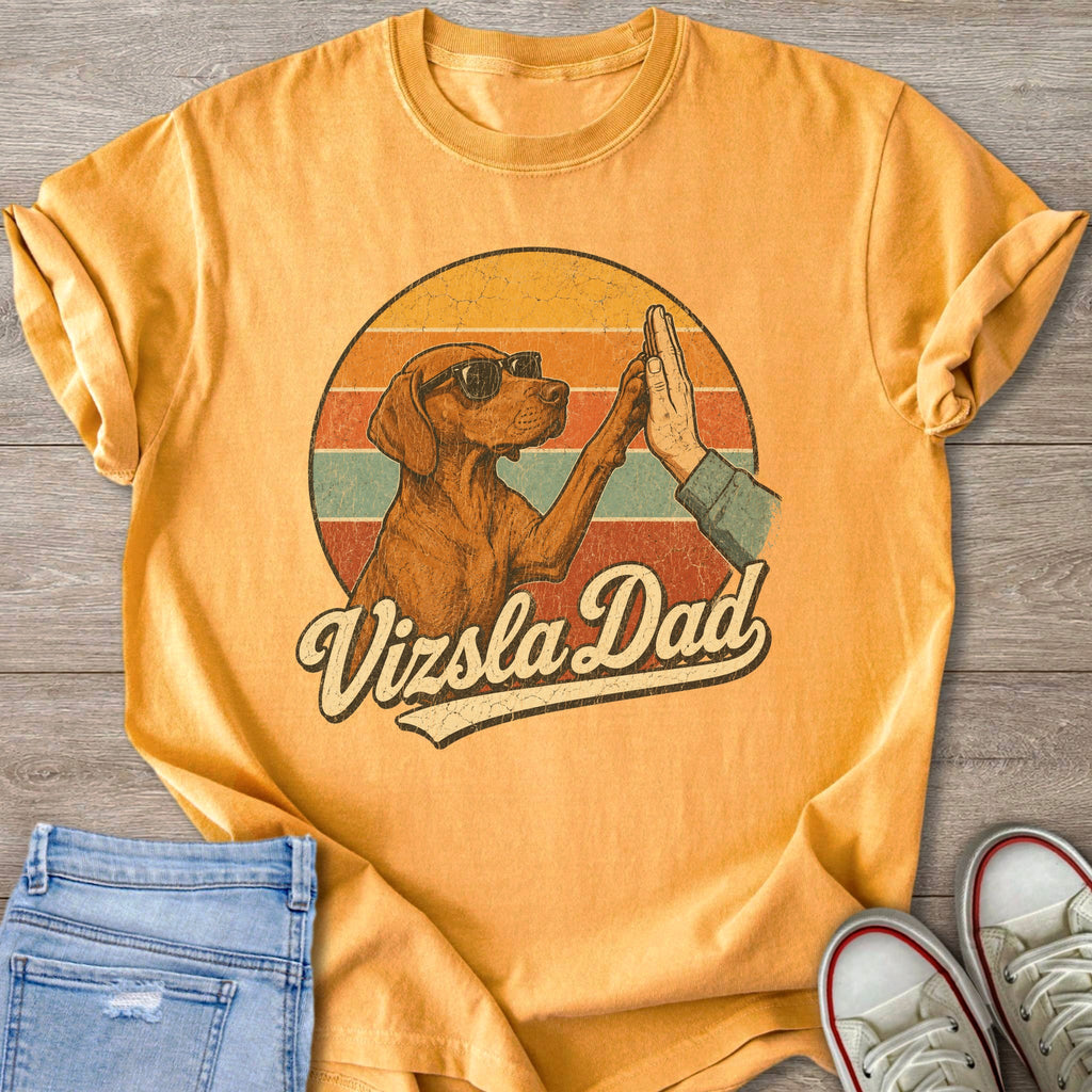 Vizsla dog wearing sunglasses high-fiving a hand with "Vizsla Dad" text.