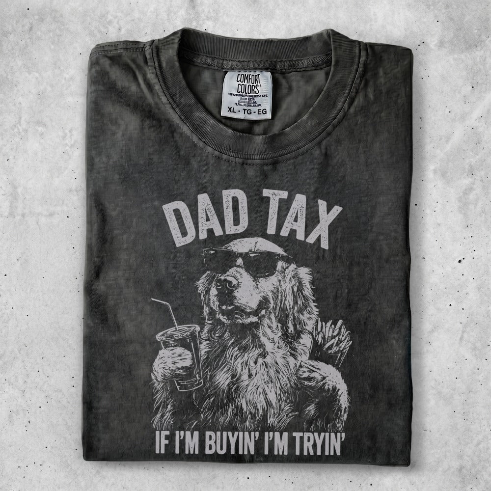 T-shirt with "Dad Tax" text and dog wearing sunglasses holding drink.
