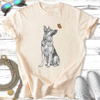 Sketch of a German Shepherd sitting with a butterfly on its nose.