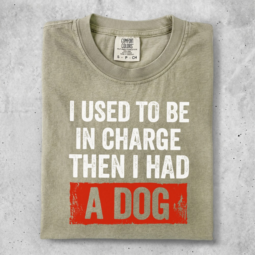T-shirt with "I used to be in charge then I had a dog" text.