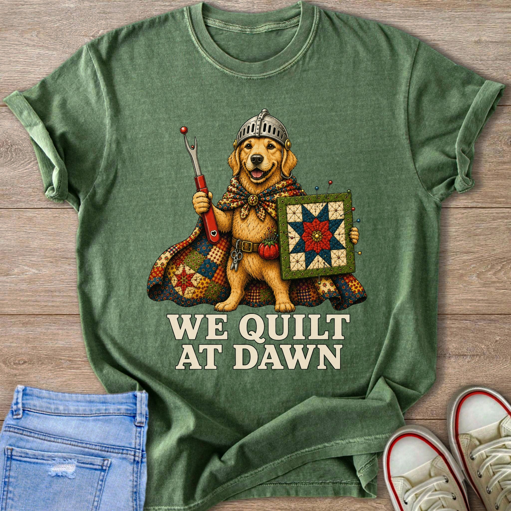 Golden retriever wearing a knight's helmet, holding a seam ripper and quilt.