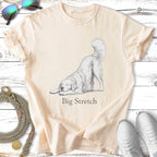 Cream t-shirt with a white dog in a stretching pose and "Big Stretch" text.