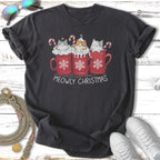 Three cats in mugs with "Meowly Christmas" text.