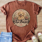 T-shirt with a golden retriever, flowers, and "Dog Mom" text.