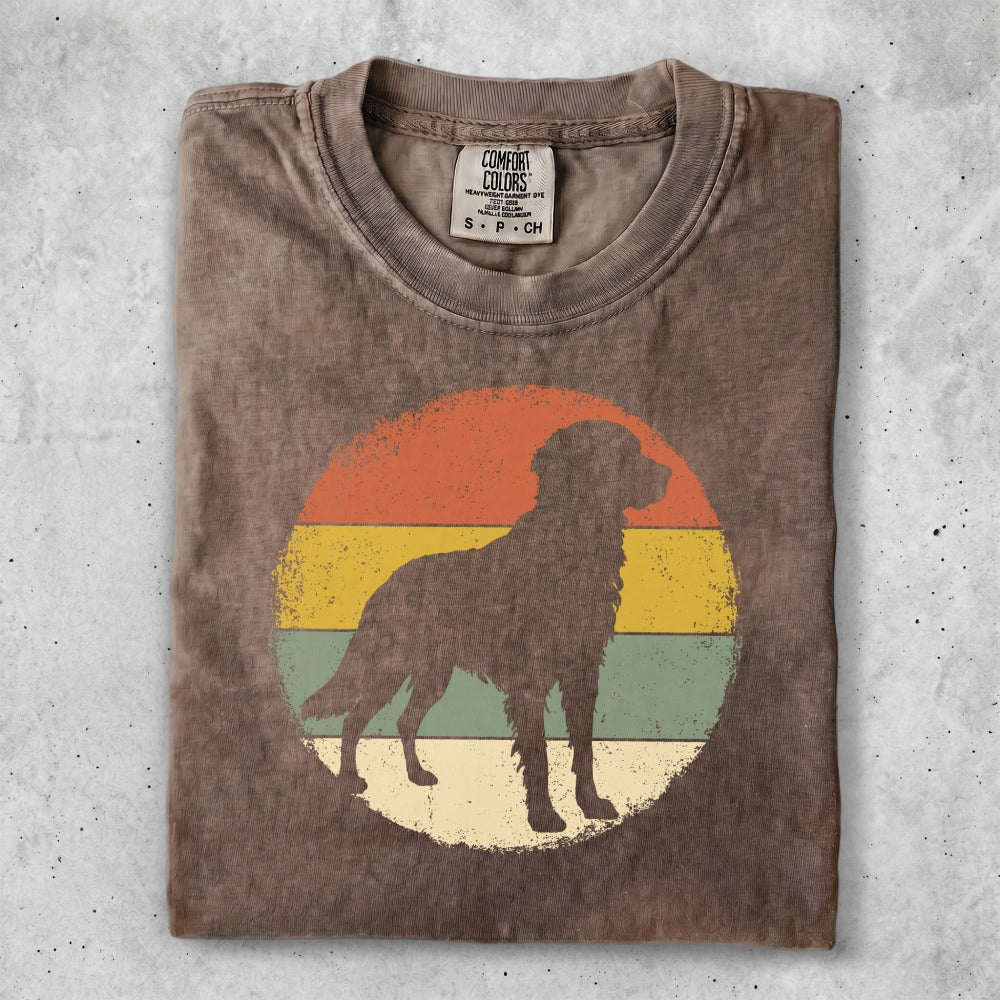 Brown t-shirt with a silhouette of a dog in a retro sunset circle graphic.