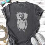 Gray t-shirt with a distressed, large print of a sad-eyed kitten.