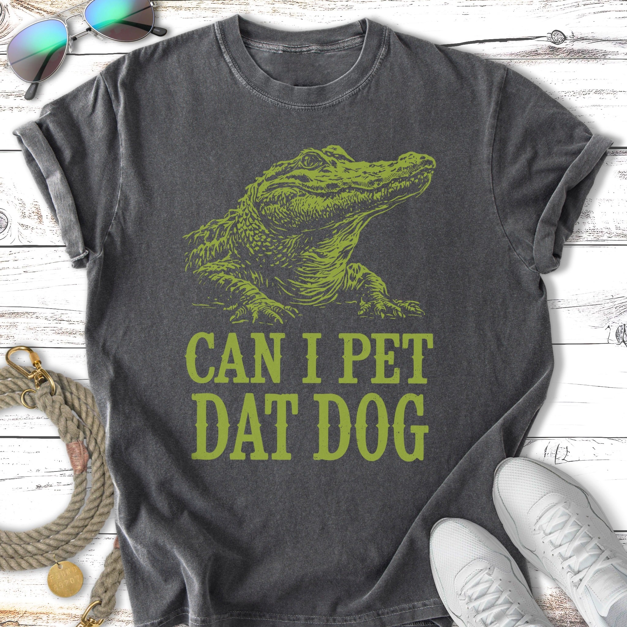 Distressed green alligator graphic on dark gray t-shirt, reads "CAN I PET DAT DOG".