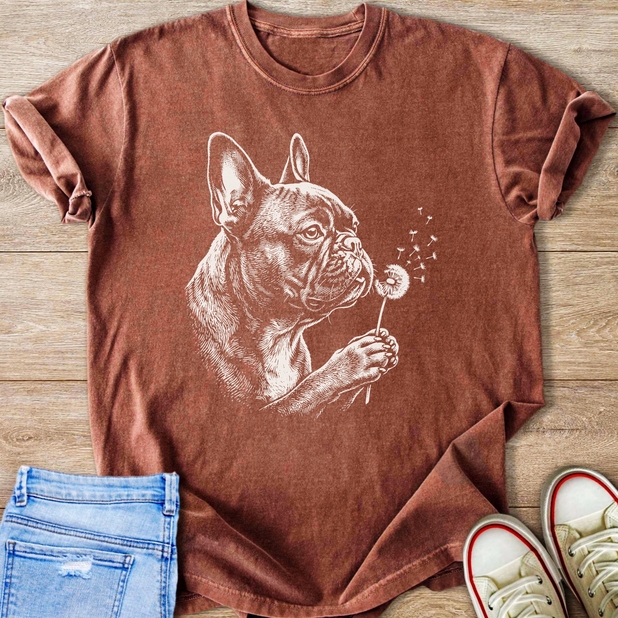 French bulldog with dandelion illustration on a rust-colored t-shirt.