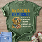 Green t-shirt with dog graphic, sunglasses, bandana, and text "MY DOG IS A DEMOCRAT".
