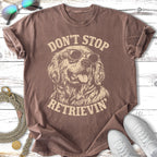 Brown t-shirt with distressed graphic of a Golden Retriever wearing sunglasses.