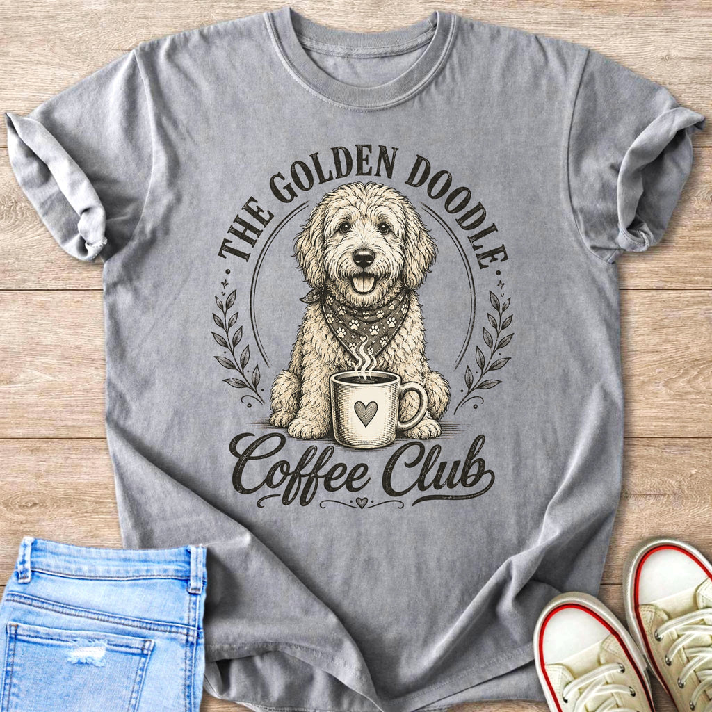 Grey t-shirt with a drawing of a Golden Doodle in a bandana and a coffee mug.