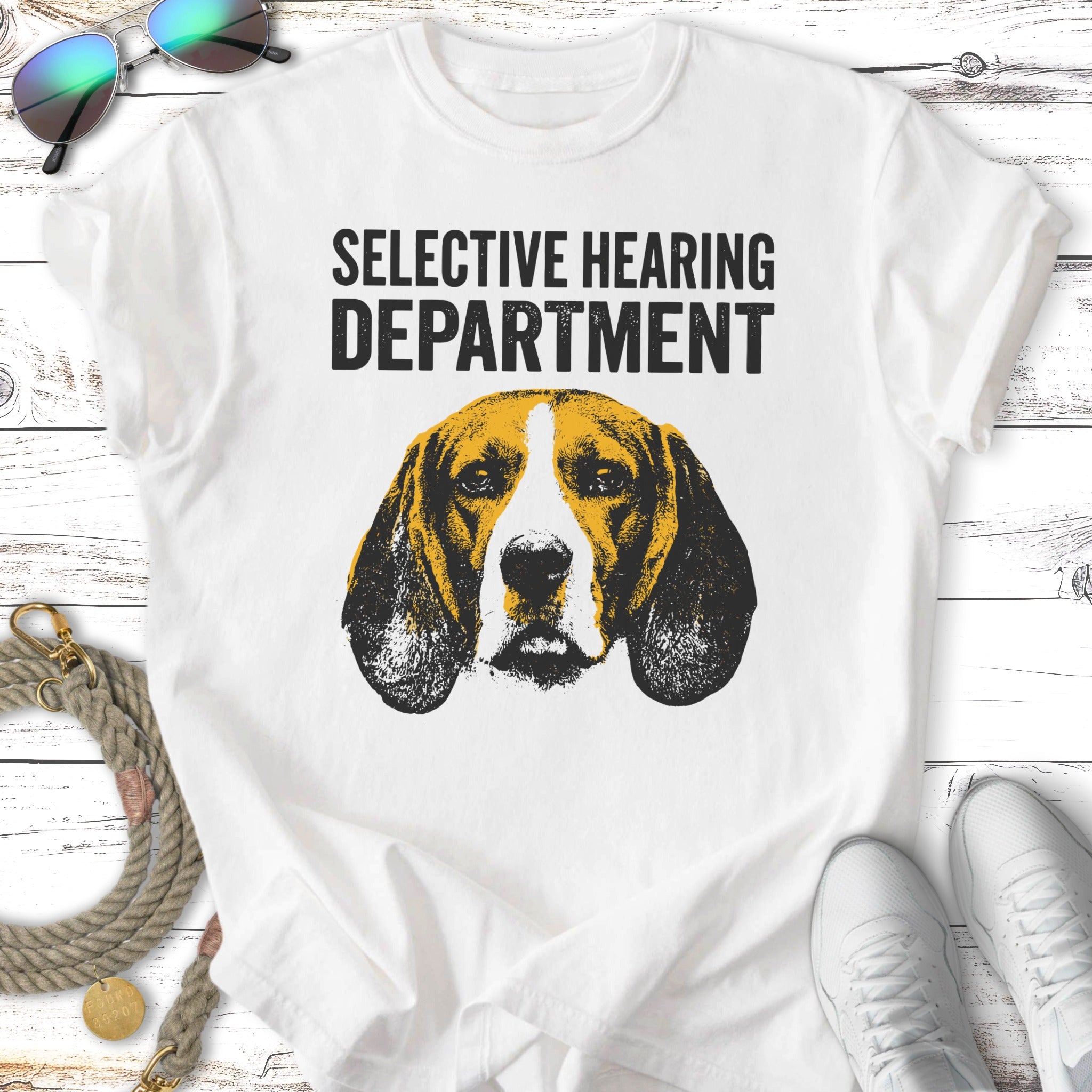 T-shirt with beagle face graphic and "Selective Hearing Department" text.