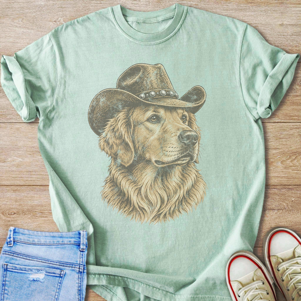 Light green t-shirt with distressed print of a golden retriever wearing a cowboy hat.