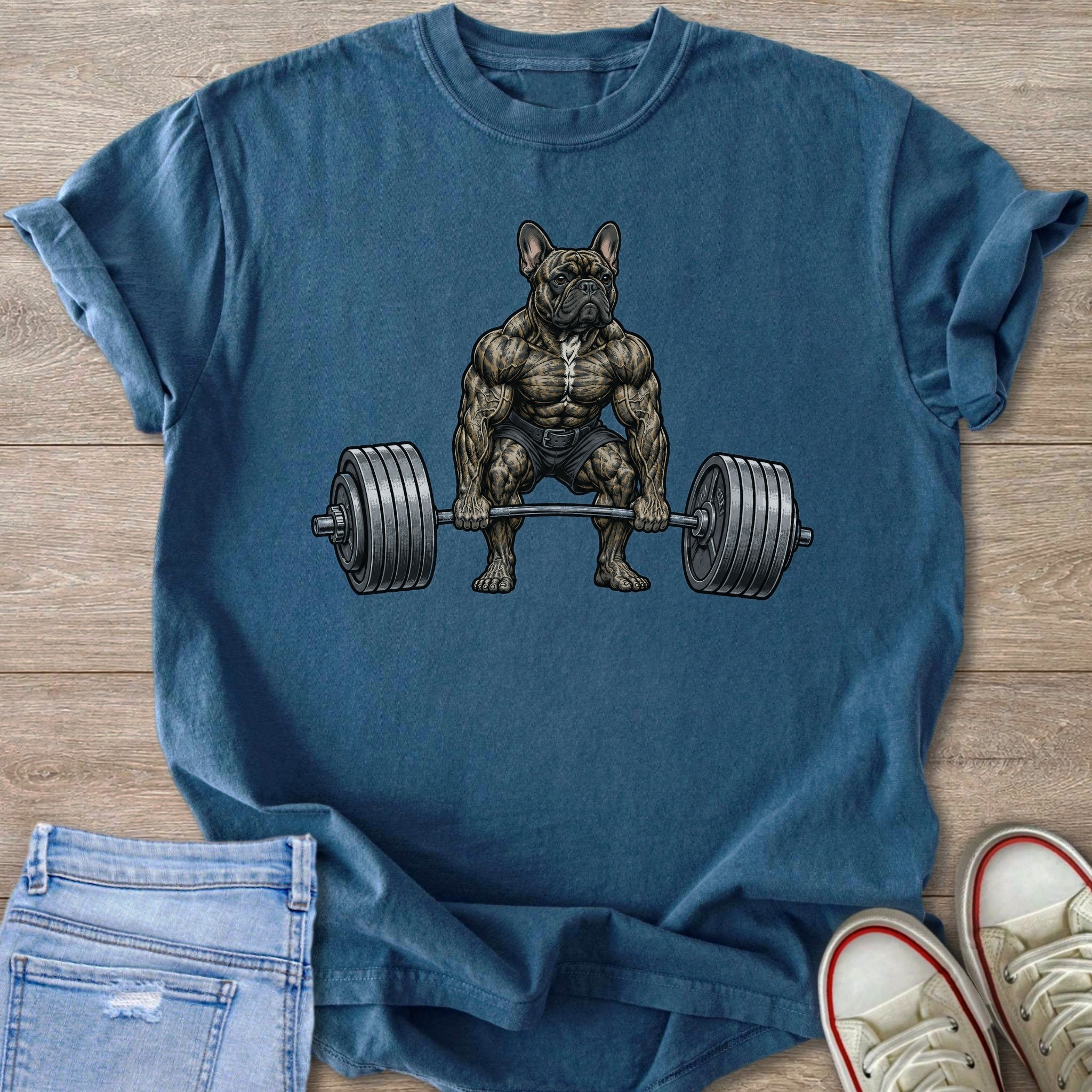 French bulldog with muscular build lifting a barbell on a blue t-shirt.