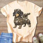 Dachshund in steampunk armor with goggles and telescope on a light peach t-shirt.