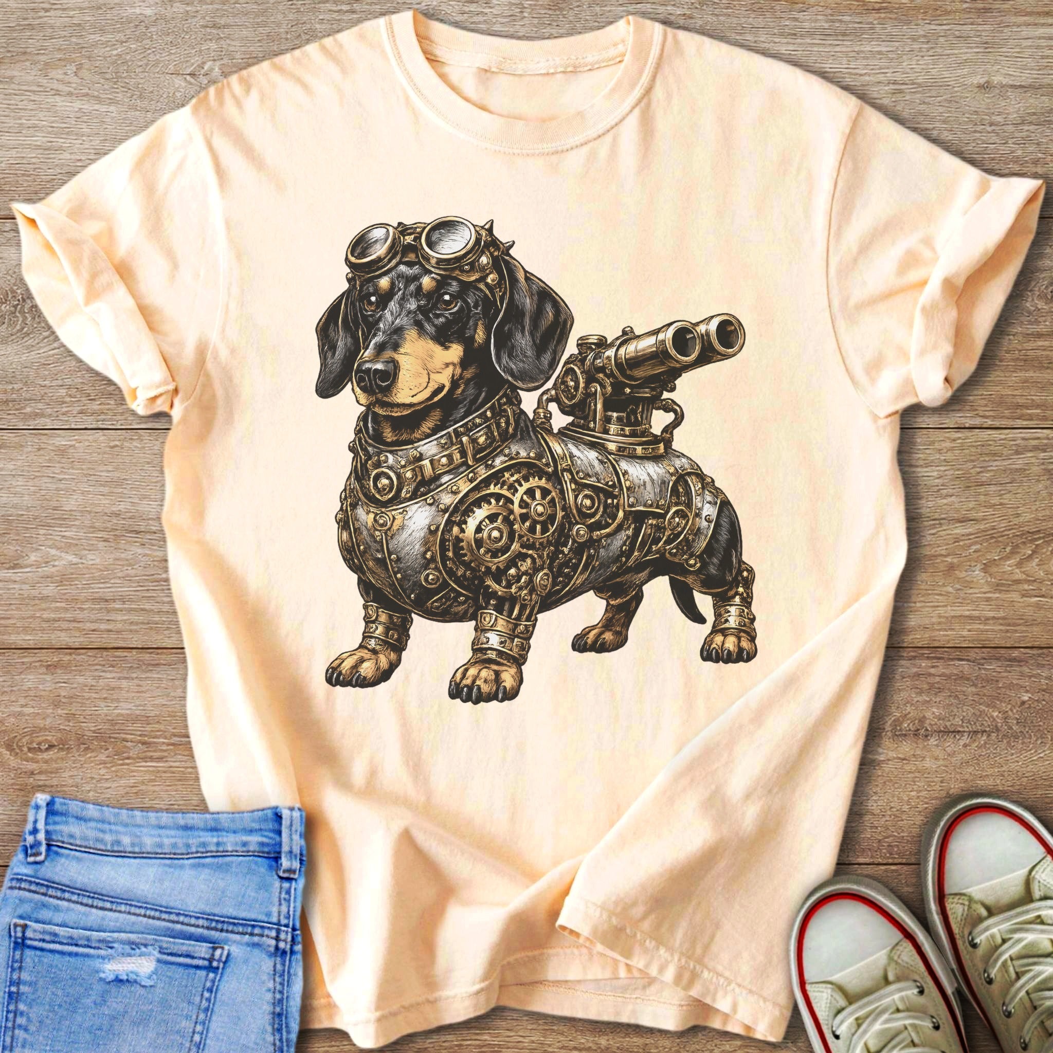 Dachshund in steampunk armor with goggles and telescope on a light peach t-shirt.