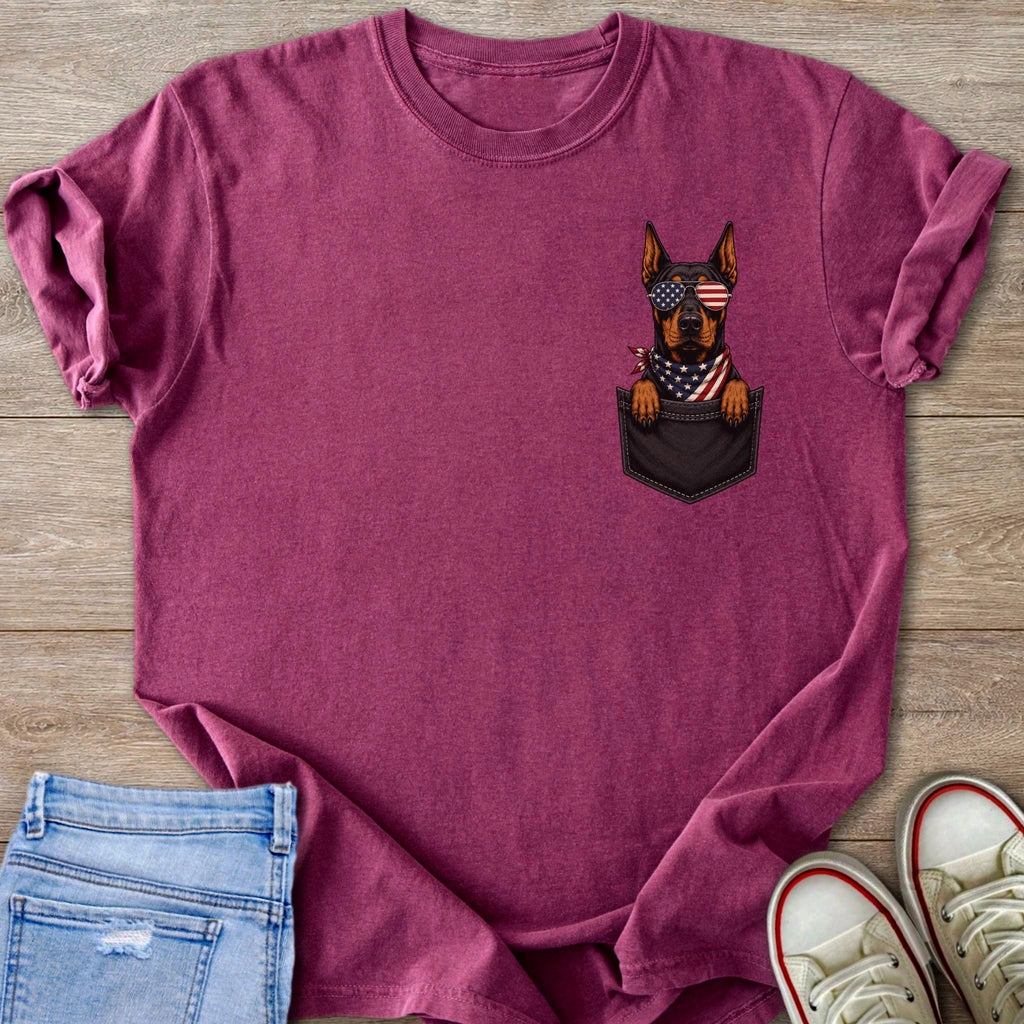 Doberman dog graphic wearing American flag bandana and sunglasses in a pocket print.