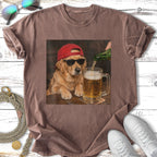 Dog in sunglasses and cap pours beer into a mug.