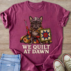 French bulldog in knight armor with quilting tools and "We Quilt at Dawn" text.
