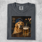 Golden retriever wearing a blue baseball cap pours a beer.