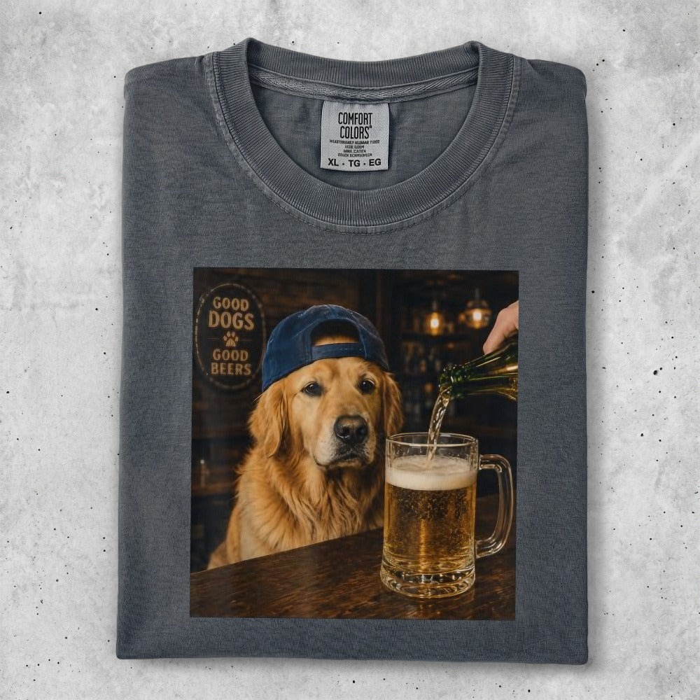 Golden retriever wearing a blue baseball cap pours a beer.