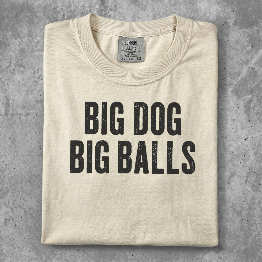 Cream t-shirt with "BIG DOG BIG BALLS" printed in black text.