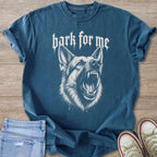 Blue t-shirt with a graphic of a snarling dog and text "bark for me".