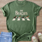 Green t-shirt with "THE BEAGLES" text and four beagles walking across a crosswalk.
