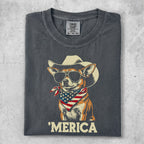 Dog wearing cowboy hat and sunglasses with American flag bandana, "MERICA".