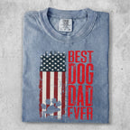 Distressed American flag with paw print and "BEST DOG DAD EVER" text.