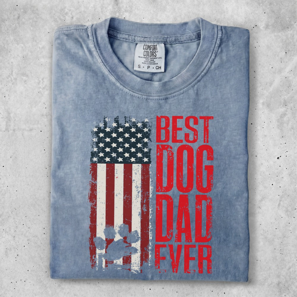 Distressed American flag with paw print and "BEST DOG DAD EVER" text.