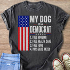 Dark t-shirt with American flag graphic and text "My Dog Is A Democrat".
