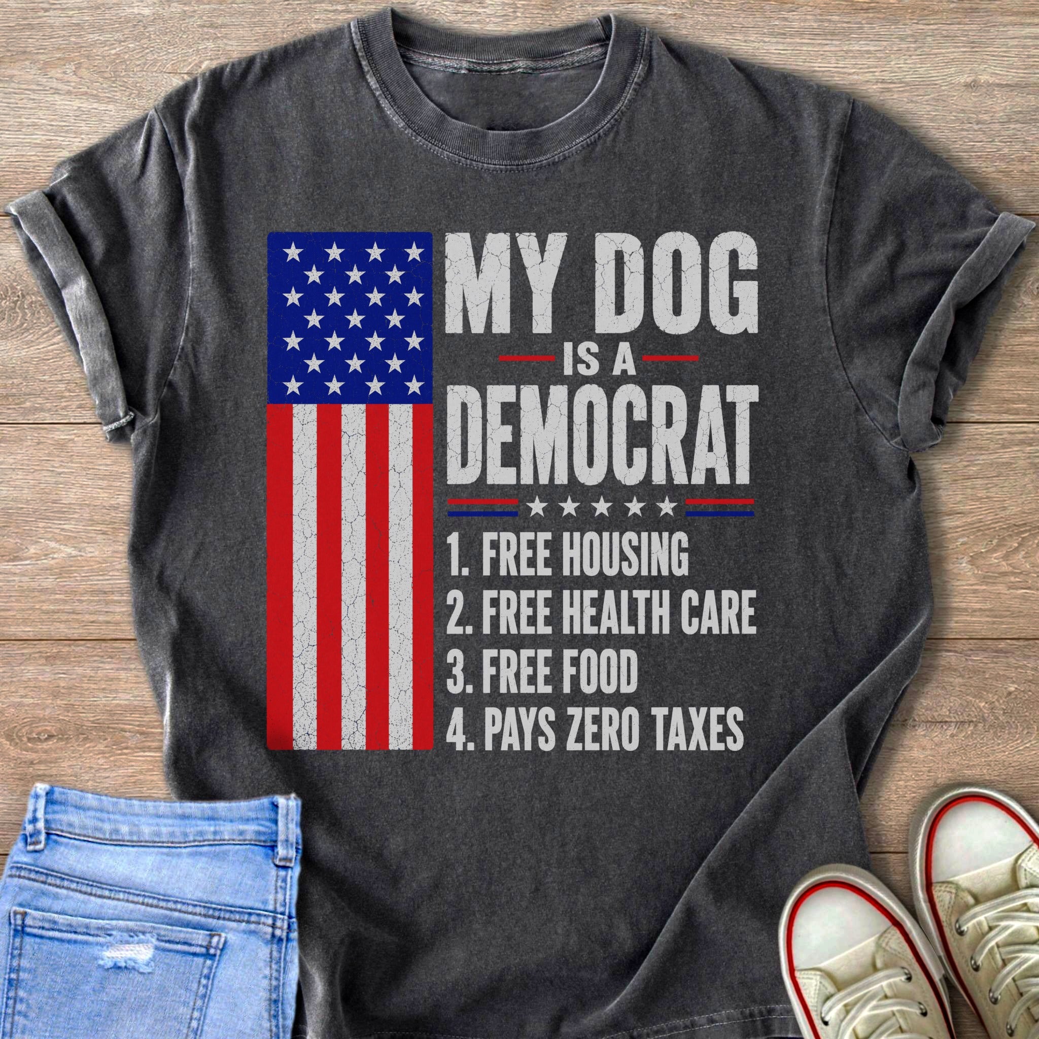Dark t-shirt with American flag graphic and text "My Dog Is A Democrat".