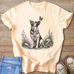 Pale yellow t-shirt with a black and white sketched German Shepherd and butterfly design.