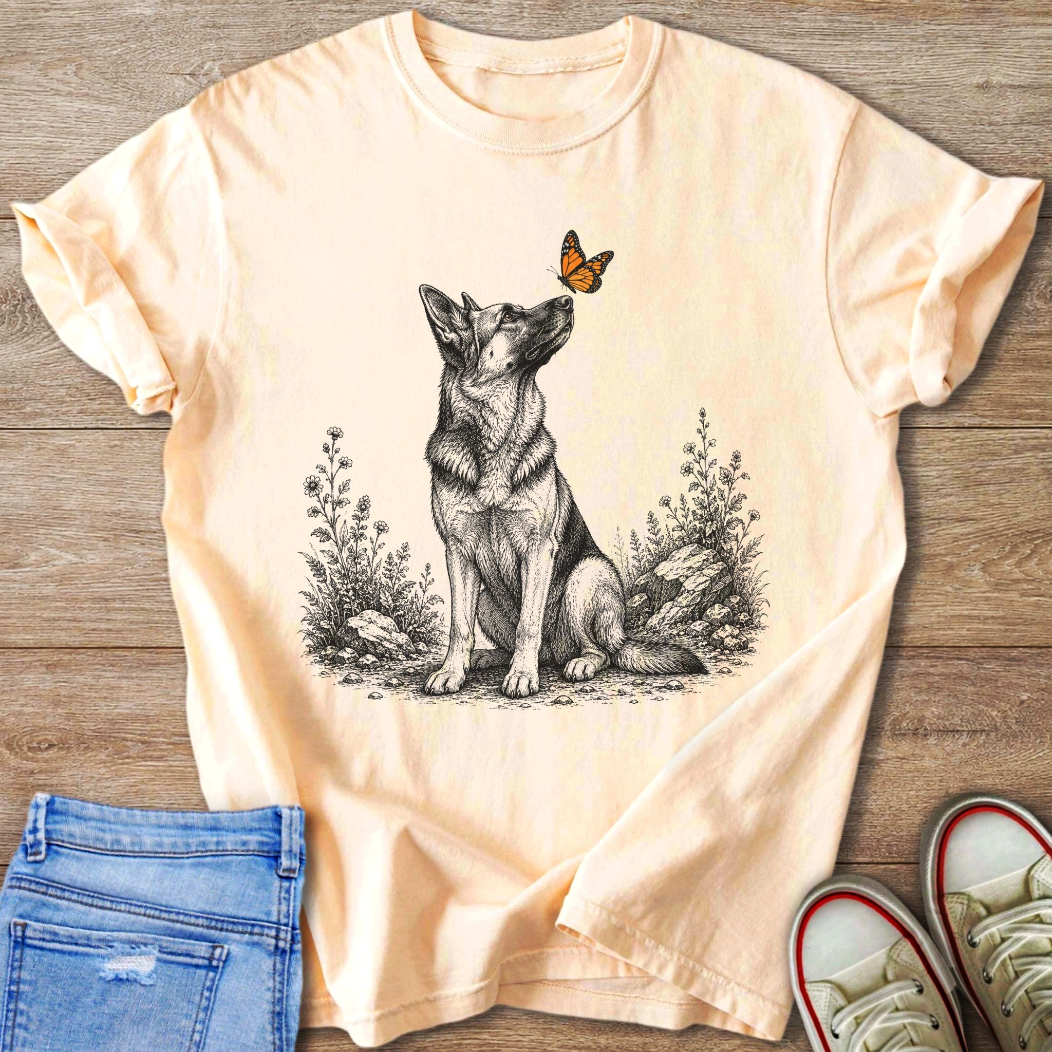 Pale yellow t-shirt with a black and white sketched German Shepherd and butterfly design.