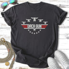 Dark t-shirt with "Dach Gun" text and silhouette dachshunds in a starburst.