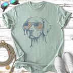 Dog wearing American flag sunglasses, sketch on a light green t-shirt.