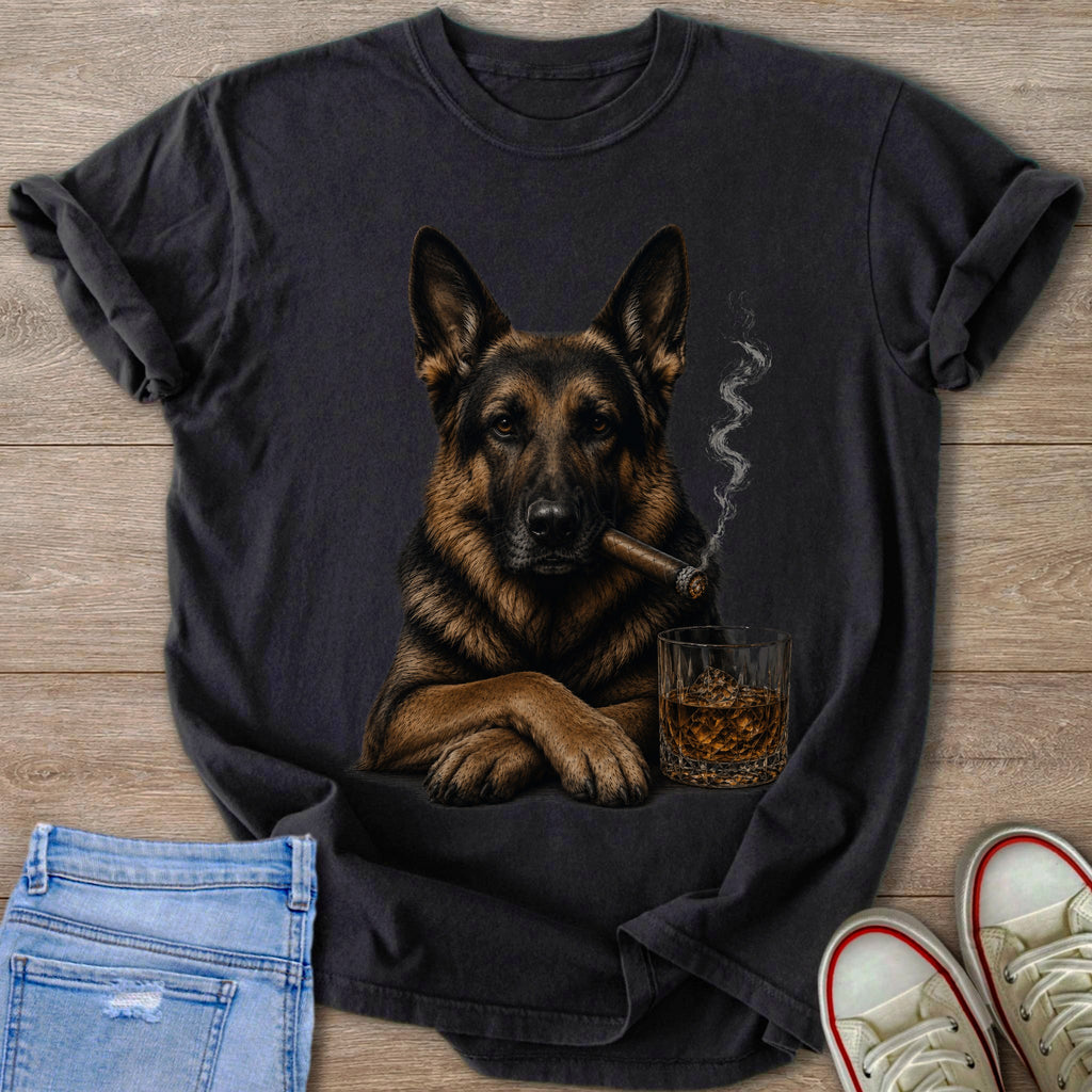 German Shepherd with cigar and whiskey, on a dark t-shirt.