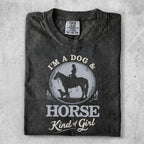 Black t-shirt with "I'm a dog & horse kind of girl" text and graphic.