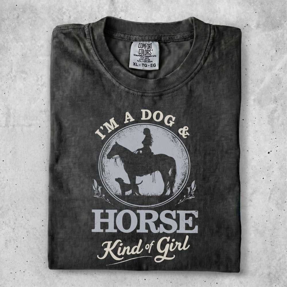 Black t-shirt with "I'm a dog & horse kind of girl" text and graphic.