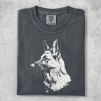 Dark grey t-shirt with a white German Shepherd portrait graphic.