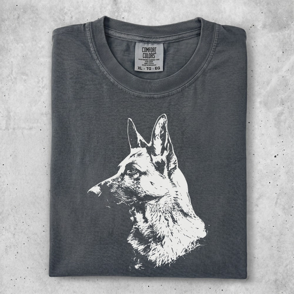 Dark grey t-shirt with a white German Shepherd portrait graphic.