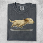 T-shirt with painted golden dog running, Comfort Colors logo at neck.