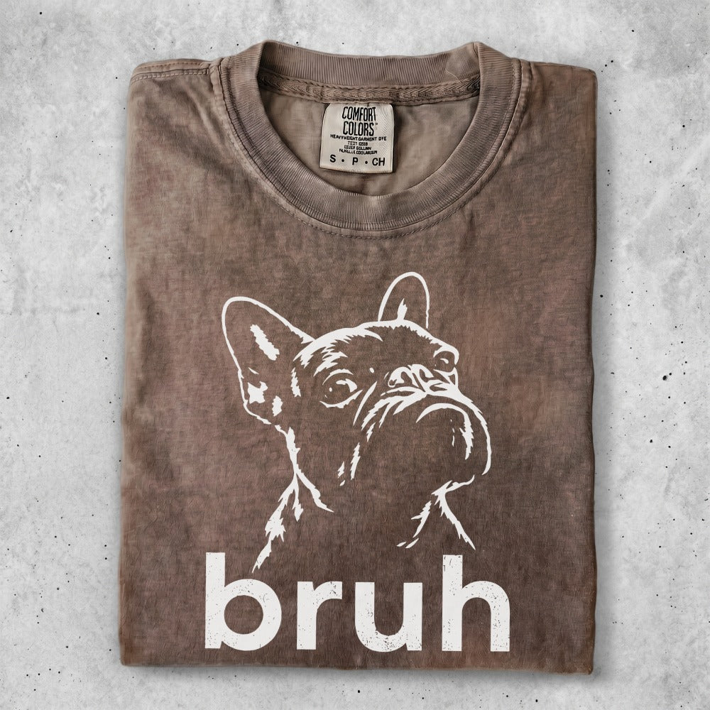 Brown t-shirt with "bruh" text and French bulldog graphic.