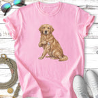 Golden Retriever dog on pink t-shirt with "I heart MOM" tattoo.