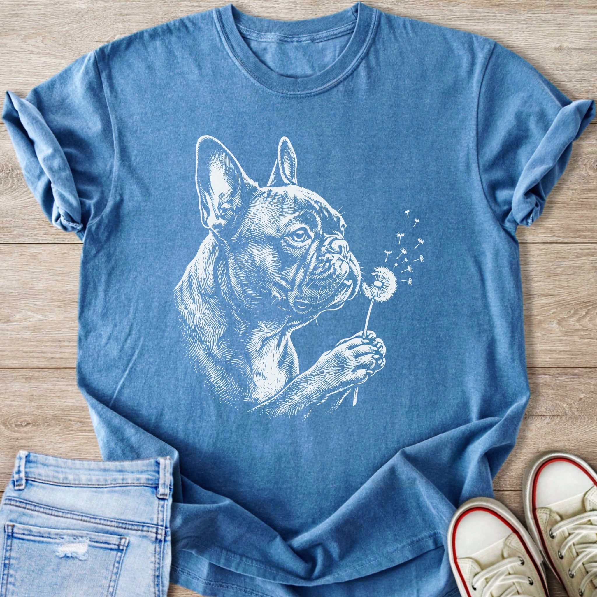 White sketch of French bulldog blowing dandelion seeds on a blue t-shirt.