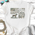 White t-shirt with a camouflage flag, dog, and "LOCAL SOUTHERN BOY" text.
