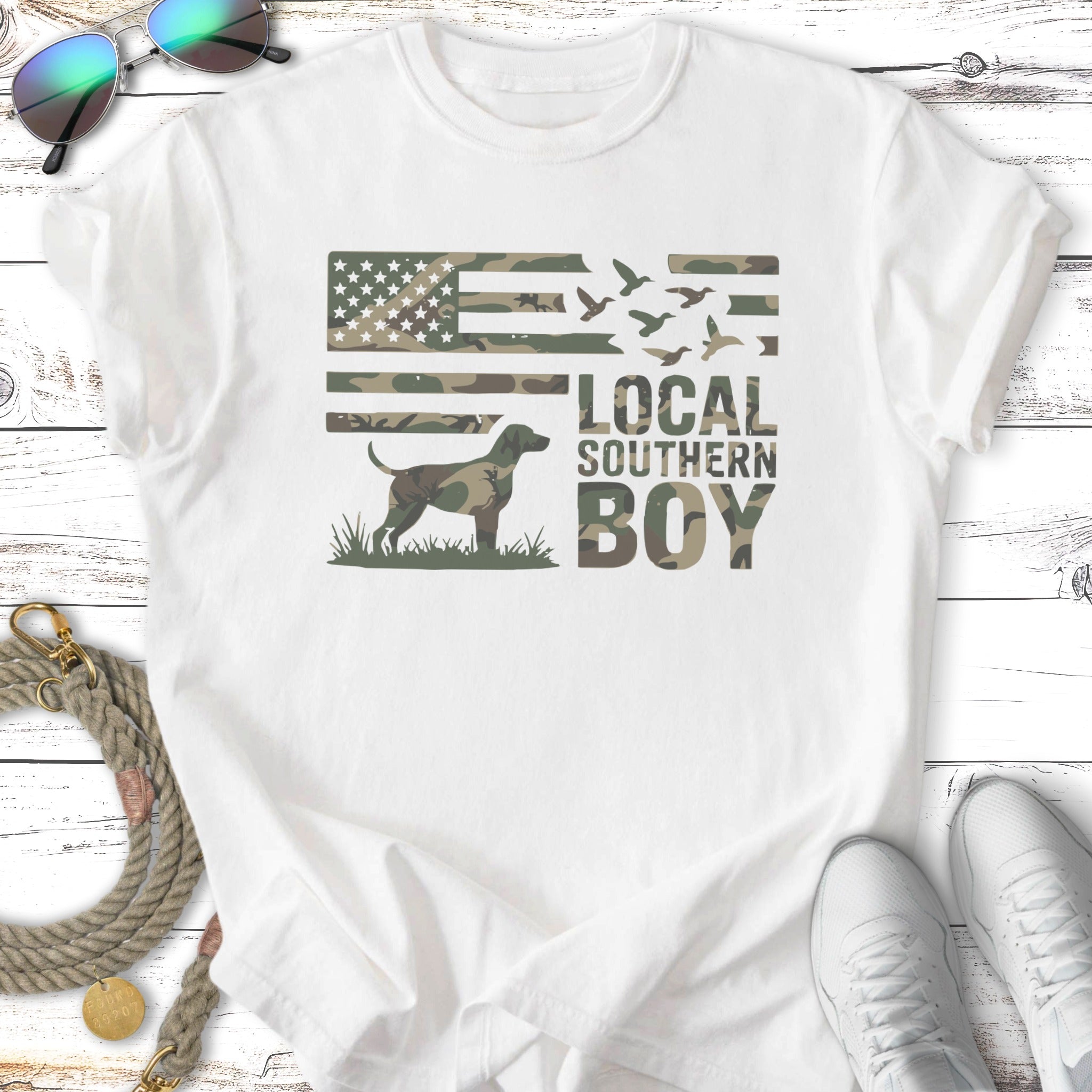 White t-shirt with a camouflage flag, dog, and "LOCAL SOUTHERN BOY" text.