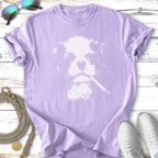 Lavender t-shirt with a white graphic of a dog's face with a cigarette.