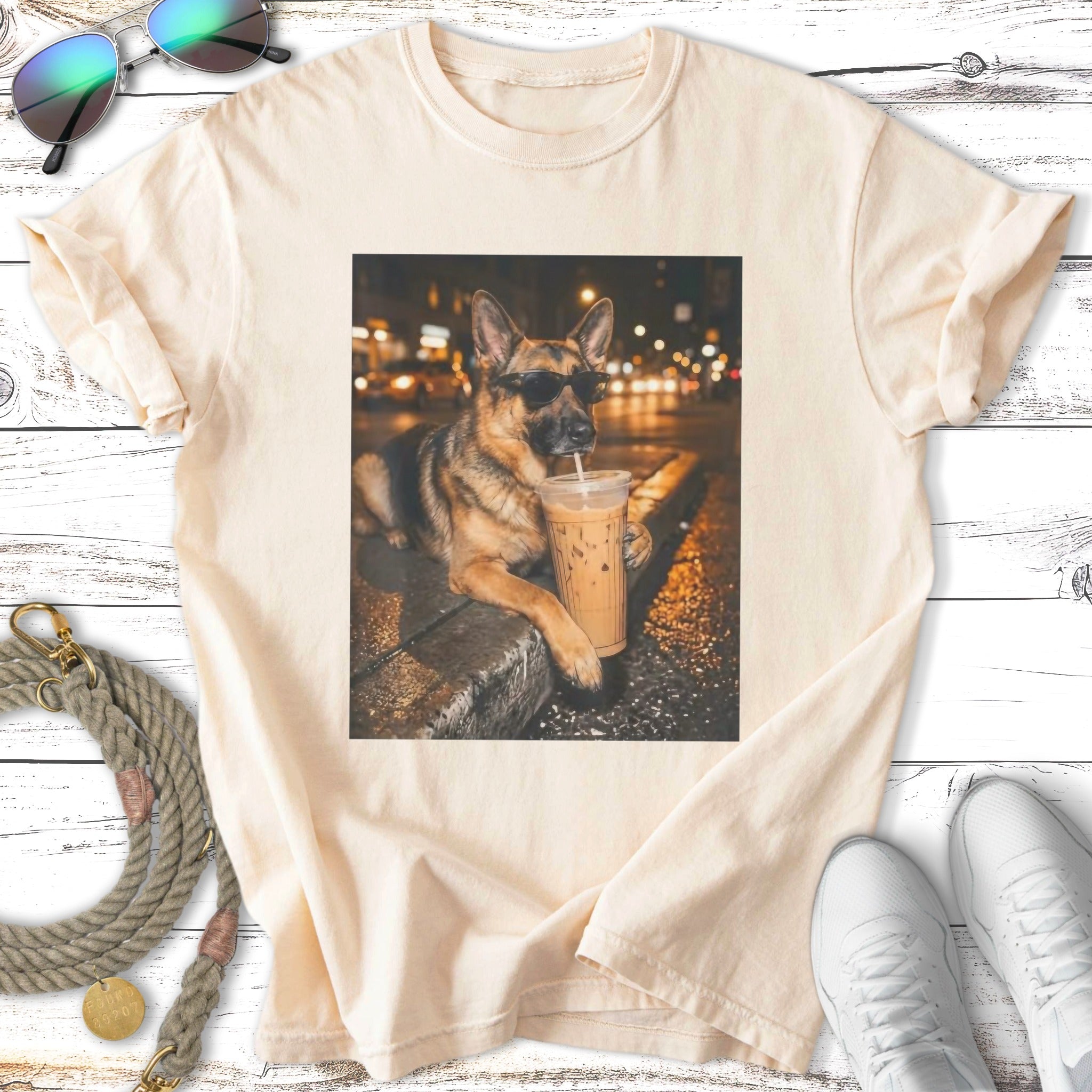 German Shepherd dog wearing sunglasses drinks iced coffee on city street.